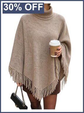 Oversized Turtleneck Fringe Poncho Sweater Loose Knit Pullover